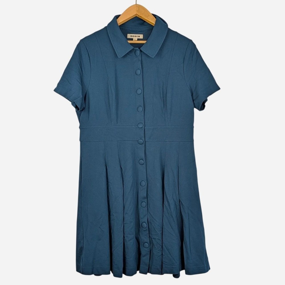 Boden Teal Fit And Flare Shirt Dress Button Front Pleated Skirt Size 14